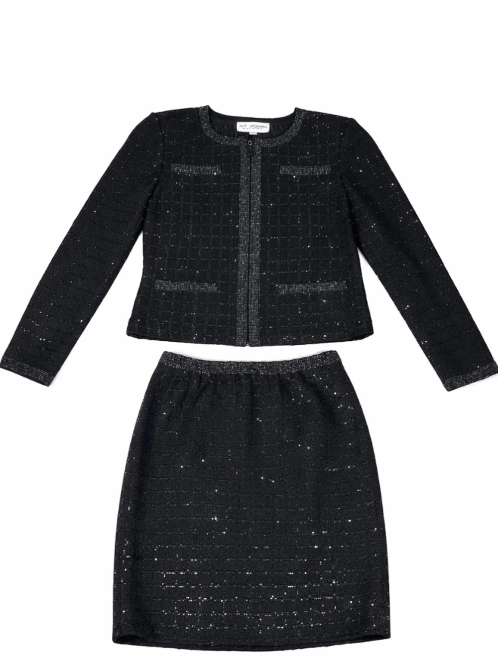 St John Evening Santana Knit Skirt Suit Set Black Metallic Sparkle Size 4 USA - Picture 1 of 14